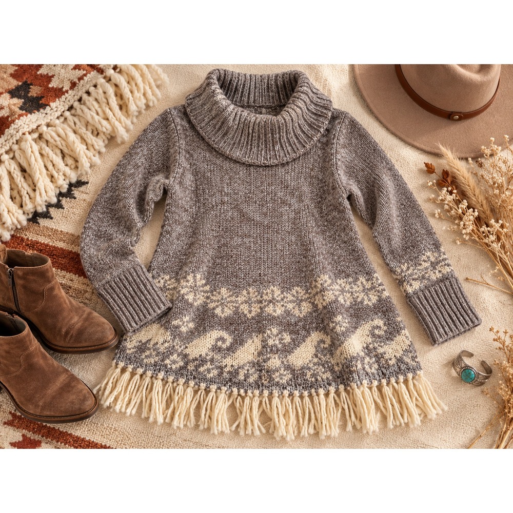 Free People Womens M Wool Blend Sweater Fair Isle Fringe Cowl Neck Boho Tunic